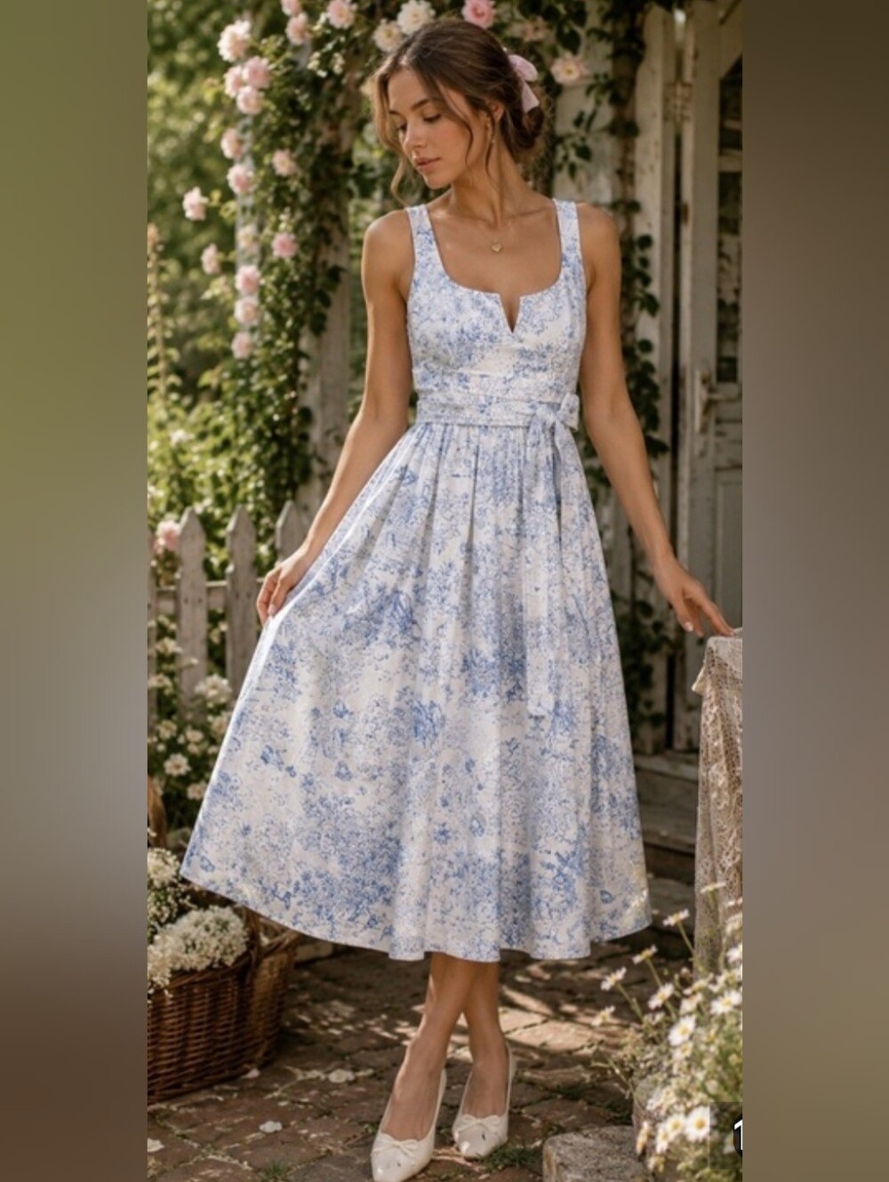 Cing à Sept French Antique luxurious, heavyweight Cotton Garden Toile Ebba Dress